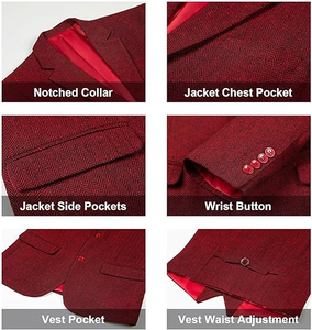 Men British Style Wool Polyester Business <b>Suit</b> Vest Pants Set V-Neck Single Breasted <b>Red</b> Formal Wear - Product Image 2