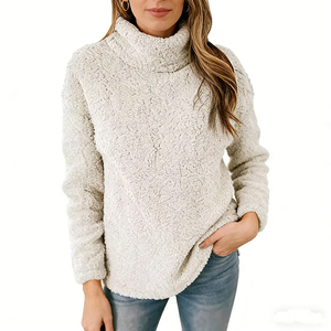 Sudaderas de Forro Polar Sherpa Beige para Mujer, Cuello Alto, con Logotipo Bordado Personalizado, Ropa de Abrigo Térmica Cómoda para Invierno - Product Image 4