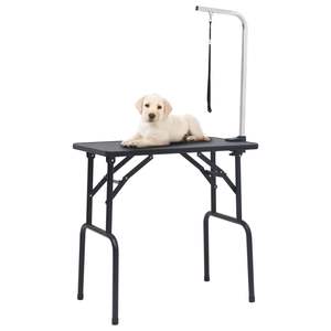 Mesa de peluquería canina negra con estructura de acero inoxidable y altura ajustable para el cuidado de mascotas - Product Image 1
