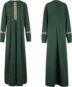Women Green Solid Color <b>Abaya</b> Long Sleeve Round Neck Floor Length Modest Dress With Embroidery Detail Middle East Style - Product Image 1