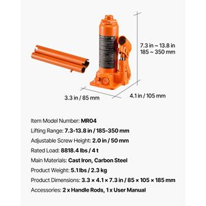 Martinetto Idraulico a Bottiglia Saldato per Carichi Pesanti da 4 Tonnellate (8818.4 Libbre) per Auto e SUV, Intervallo di Sollevamento 7.3-13.8 Pollici - Product Image 4