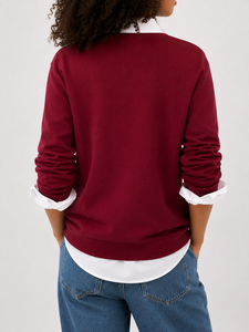 Suéter Casual de Punto Grueso para Mujer, Color Borgoña con Bloques de Color, Cuello Redondo, Manga Larga, Material de Nailon/Acrílico, para Otoño - Product Image 5