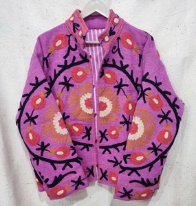 Purple Hand Embroidered Floral <b>Mandarin</b> <b>Collar</b> <b>Jacket</b> Full Sleeve 100% Cotton Women's Coat Windproof Breathable All Seasons - Product Image 1
