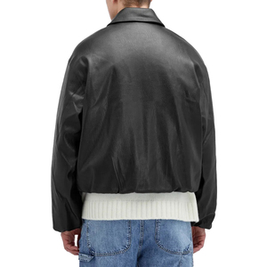 Veste en cuir véritable pour homme, décontractée, à fermeture éclair, à carreaux/uni, col en V, coupe-vent, streetwear, manches longues, automne-hiver - Product Image 4