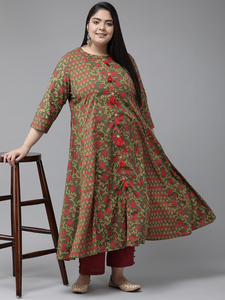 Kurti en coton vert coupe A avec col rond et manches trois quarts pour femmes grandes tailles, vêtements décontractés à la mode - Product Image 3