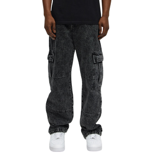 Jean cargo en denim noir délavé pour homme, coupe droite décontractée, multi-poches, style utilitaire, streetwear vintage, décontracté, 100% coton, boutonné - Product Image 1
