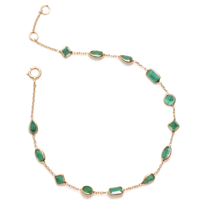 Natural Green Emerald Marquise Charm <b>Bracelet</b> in Solid 18K Yellow Gold Bezel Set Dangle <b>Gemstone</b> Chain with Gold Accents - Product Image 1