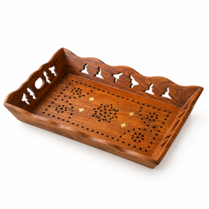 ถาดไม้ตกแต่งลายฉลุดอกไม้สไตล์งานฝีมือ |   ถาดไม้ทรงสี่เหลี่ยมสำหรับเสิร์ฟอาหาร ตกแต่งโต๊ะอาหารที่บ้าน ชุดของขวัญ - Product Image 1