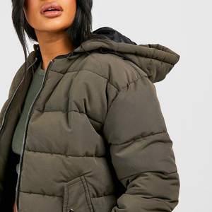 Women's Cropped <b>Quilted</b> Puffer Jacket Hooded Long Sleeve Winter Coat Solid Color <b>Thick</b> Polyester Outerwear - Product Image 4
