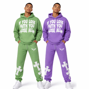 Ensemble de survêtement pour homme avec sweat à capuche imprimé Faith, style streetwear, jogging en molleton de coton, tenue décontractée sportive 2 pièces - Product Image 1