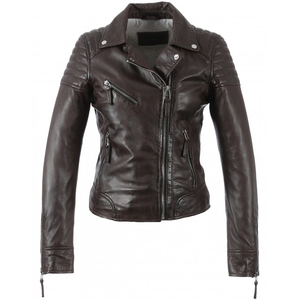 Chaqueta de moto de cuero genuino para mujer con cierre de cremallera y cuello vuelto para otoño - Product Image 1