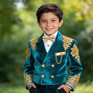 Costume de smoking en velours vert sarcelle brodé pour garçons, ensemble de costume formel pour enfants pour mariage et fêtes - Product Image 1