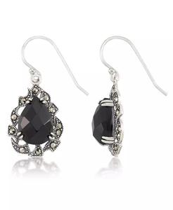 Marcasite e orecchini di filo a goccia in onice sfaccettati in argento Sterling | Macacy's - Product Image 1