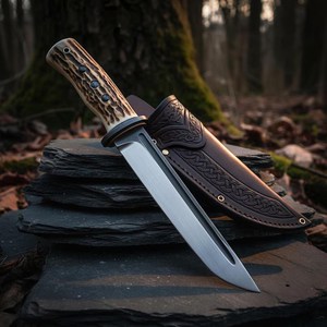 Cuchillo de caza con hoja de acero de Damasco y mango de asta de ciervo, cuchillo de supervivencia para exteriores - Product Image 3
