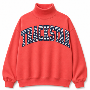 Custom Trackstar Flame Pattern Letter Applique Women's Oversized Red Mock Neck Cotton Fleece Sweatshirt - Product Image 1