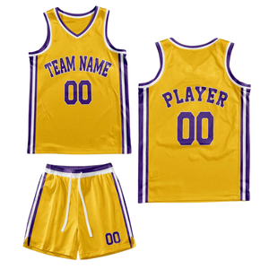 Conjunto de Uniforme de Baloncesto Retro Personalizado en Amarillo con Cuello y Borde Morado, Jersey y Pantalones Cortos, Diseño con Nombre y Número del Equipo - Product Image 2