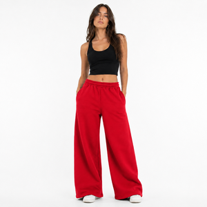 Pantalon de survêtement en molleton rouge pour femme, coupe large, taille haute, couleur unie, décontracté, longueur intégrale, avec poches et taille élastique - Product Image 4