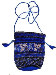 Blue Silk Embroidered Drawstring Bag Bohemian Style Daily Use Handmade Beaded Potli Bags Lowellcraft.com Cotton Lining - Product Image 3