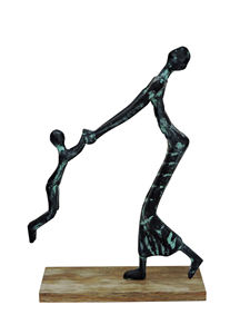 Estatua Abstracta de Madre e Hijo en Aluminio - Figura Artesanal con Acabado en Bronce Verdigris sobre Base de Madera - Decoración Artística Familiar Alegre - Product Image 2