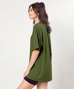 T-shirt ample à col rond et manches courtes pour femme, vert olive, coupe ample, 100% coton, tissu tricoté, à porter toute l'année - Product Image 3