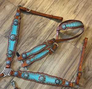 Conjunto de Brida y Pechopetral de Lujo para Caballo Estilo Western, Cuero de Primera Calidad con Pedrería, Hecho a Mano, Personalizado para Equitación - Product Image 1