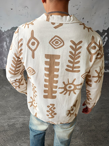 Chemise en lin imprimée à manches longues, boutonnée, décontractée, pour homme, en coton, à col - Product Image 2