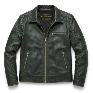 Blouson Bomber en Cuir Vert Personnalisé OEM pour Homme, Hiver, Imperméable, Véritable Cuir, Col Montant, Streetwear, Doublure Coton, Fermeture Éclair 100% - Product Image 1