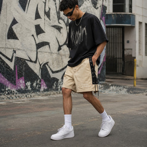 Low MOQ Cream Cotton Y2K Lace-Up <b>Boxer</b> Shorts Men's Streetwear Black Side Panels Oversized Casual Lounge Shorts Wholesale - Product Image 6