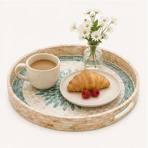 Bandeja Redonda Artesanal de Nácar con Mosaico Floral Turquesa y Incrustaciones de Concha, Plato Decorativo para Mesa de Centro en Oferta - Product Image 6