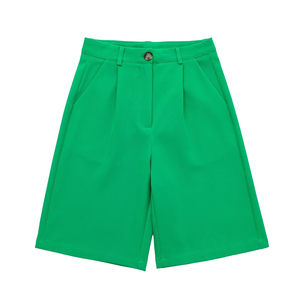 Pantalones cortos de traje drapeados de cintura alta para mujer con bolsillos y cremallera frontal - Product Image 3