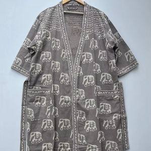 Bata Kimono de Algodón con Estampado de Bloques, Cuello en V, Manga Larga, Secado Rápido, Ligera, para Dama de Honor, Ropa de Dormir de Verano - Product Image 1