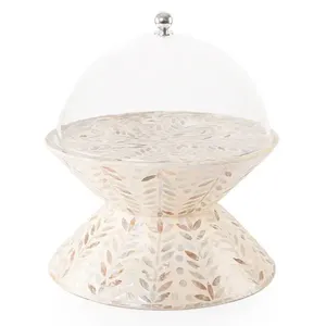 Refined mother of pearl <b>cake</b> <b>stand</b>, sophisticated mosaic ivory leaf footed tray with glass <b>cover</b> for event styling - Product Image 4