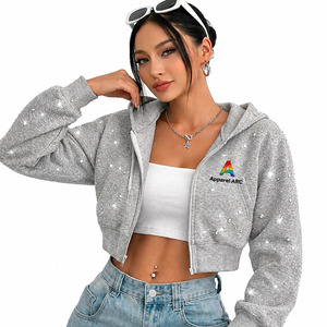 Custom Branding Textured Cropped Hooded <b>Top</b> Manufacturing Rhinestone Print With Sequined Cotton Blend <b>Zip</b>/<b>Up</b> <b>Women's</b> Hoodies USA - Product Image 1