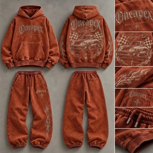 Conjunto Deportivo Naranja para Hombre, Sudadera con Capucha Extra Grande y Pantalones Deportivos, Ropa Deportiva Urbana, Logotipo Bordado Personalizado, Algodón Grueso - Product Image 5