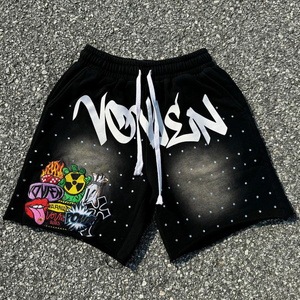 Shorts en coton délavé à l'acide pour homme, imprimé, style streetwear, en tissu molletonné, coupe oversize - Product Image 5