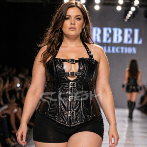 Corsé de cuero negro de talla grande para mujer, estilo halter con cierre de hebilla frontal, top gótico para discoteca - Product Image 4