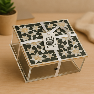 Caja Decorativa de Almacenamiento con Incrustaciones de Nácar Cuadrada Artesanal, Regalo para el Ramadán y el Eid, Contenedor de Exhibición Acrílico con Tapa de Madera NQH - Product Image 5