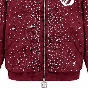 Sweat-shirt à capuche zippé bordeaux orné de perles, veste streetwear à manches longues avec poches avant - Product Image 5
