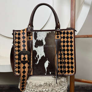 Conjunto de 2 piezas a juego: Bolso tote de cuero a cuadros y cartera de mano de cuero repujado a mano, venta al por mayor directa de fábrica - Product Image 4