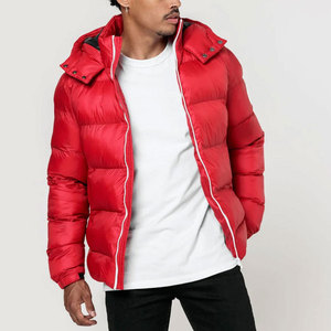 Men's Red Woolen Puffer Jacket Windproof Casual Winter Coat Regular Fit Thick Warm Cotton Filled <b>Covered</b> <b>Button</b> Patchwork Stand - Product Image 2