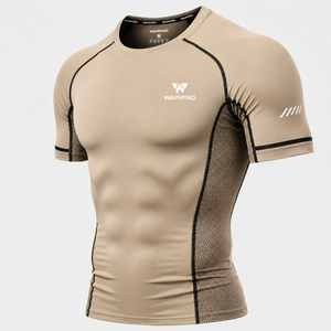 เสื้อรัดกล้ามเนื้อแขนสั้น Warpro สำหรับผู้ชาย แห้งเร็ว ผลิตจากผ้าสแปนเด็กซ์และโพลีเอสเตอร์ เหมาะสำหรับออกกำลังกาย มีโลโก้ด้านหน้า สีแทน - Product Image 3