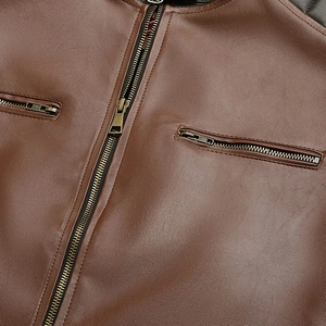 Chaqueta Casual de Motociclista para Hombre, de Cuero PU Marrón y Lona, con Cuello Alto, Cierre de Cremallera, Color Sólido, Manga Regular, Impermeable para Invierno - Product Image 6