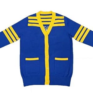 Cárdigan Azul de Punto para Mujer de la Hermandad Sigma Gamma Rho, Cuello en V, Manga Larga con Rayas Amarillas y Botones, Estilo Preppy - Product Image 1