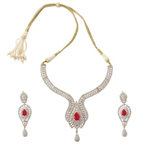 Dual Tone Ruby CZ Diamond Gold Plated Brass Bridal Wedding Jewelry Sparkling <b>Statement</b> <b>Necklace</b> & Earrings Set - Product Image 2