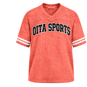 Maillot de sport rayé à col en V tricoté sur mesure rouge corail, à manches courtes, respirant, coupe oversize, décontracté, pour équipe sportive - Product Image 1