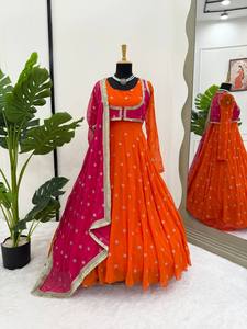 Ensemble Salwar Kameez brodé bicolore en Faux Georgette, réversible, séchage rapide, longueur ras du sol, tenue traditionnelle pour mariage et soirée pour femme - Product Image 1