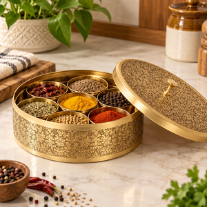 Boîte à épices ronde en laiton gravé antique avec bande latérale ornée de motifs floraux pour la cuisine, vente en gros, exportation - Product Image 4
