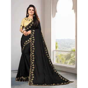 DESGASTE DE FIESTA DOLA BORDADO EN SEDA TRABAJO SAREE CON BLUSA DESCOSADA NEGRO - Product Image 1