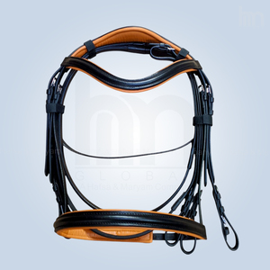 Custom English Equestrian <b>Black</b> Leather & Tan Soft Padded Contrast Anatomic Horse Bridle Tack <b>Harness</b> Set - Product Image 1