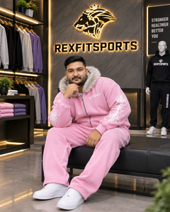 ชุดวอร์มผู้ชาย REXFITSPORTS 2026 สีชมพู มีฮู้ดขนเฟอร์ ซิปเต็มตัว ลายกราฟิก ผ้าฝ้ายผสมโพลีเอสเตอร์ 280–300 GSM ชุดจ็อกเกอร์สตรีทแวร์ - Product Image 5